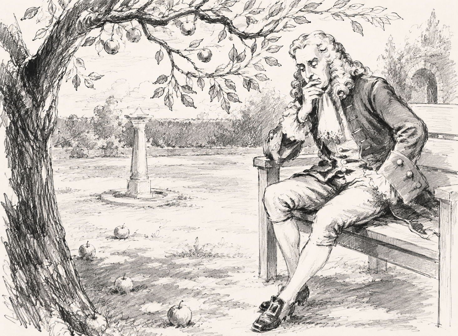 Historical illustration of a man seated beneath an apple tree